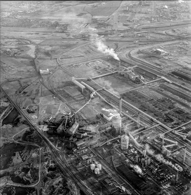 An aerial view of an industrial complex.