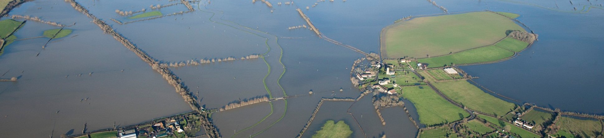 Aerial view ofl Muchelney Abbey, Somerset flooding in 2012