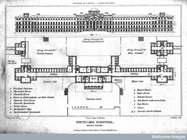 The Hospital of Bethlem [Bedlam], St. George's Fields, Lambeth: elevation and plan, with a scale and a key. Engraving by J. Le Keux, 1823, after P. Hardwick. 