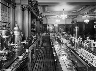 Photograph of the hot food counter in Lyons Corner House, 7-14 Coventry Street, London