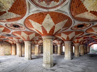 Detail of fan vaults in red and cream brickwork