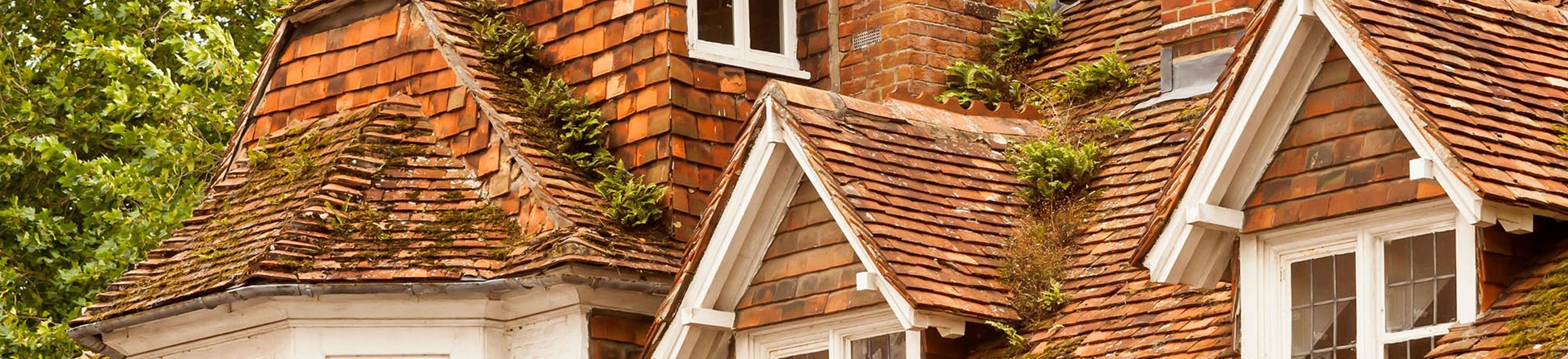 Roof line of large clay tiled house, including 2 dormer windows and 2 chimney stacks.