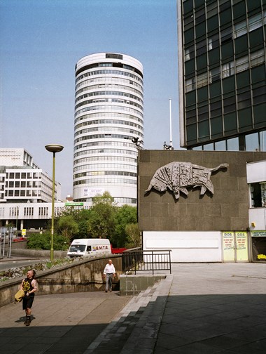 Sculpture of bull on wall