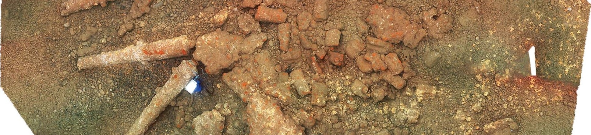 A photo mosaic showing the inshore Chesil Beach cannon site with its eight cast iron cannons