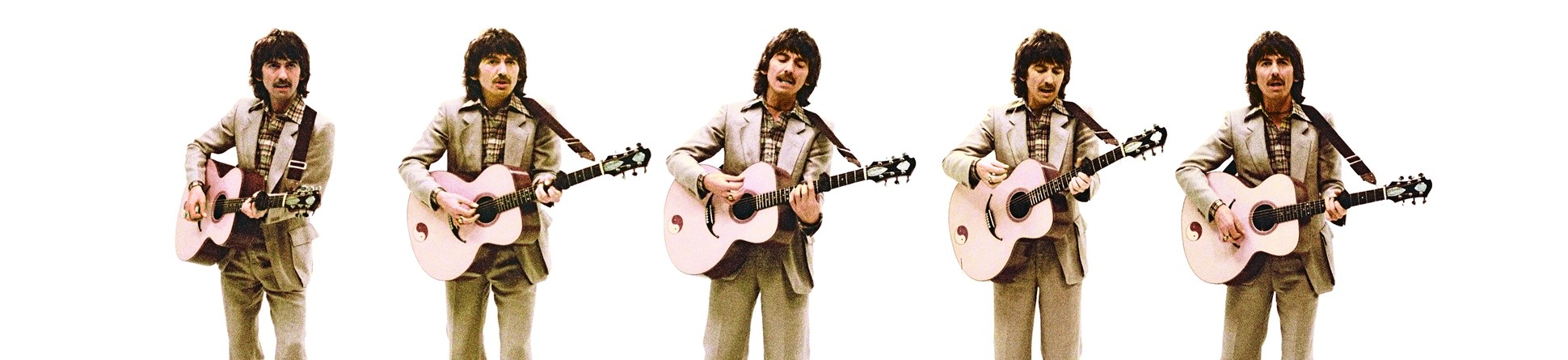 A colour composite image showing 5 different images on a white background of George Harrison playing the guitar in a brown suit