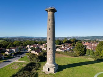 A large Georgian column situated in a large grass area, surrounded by modern houses against a blue sky.   