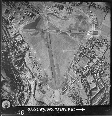 Aerial view of airfield runway