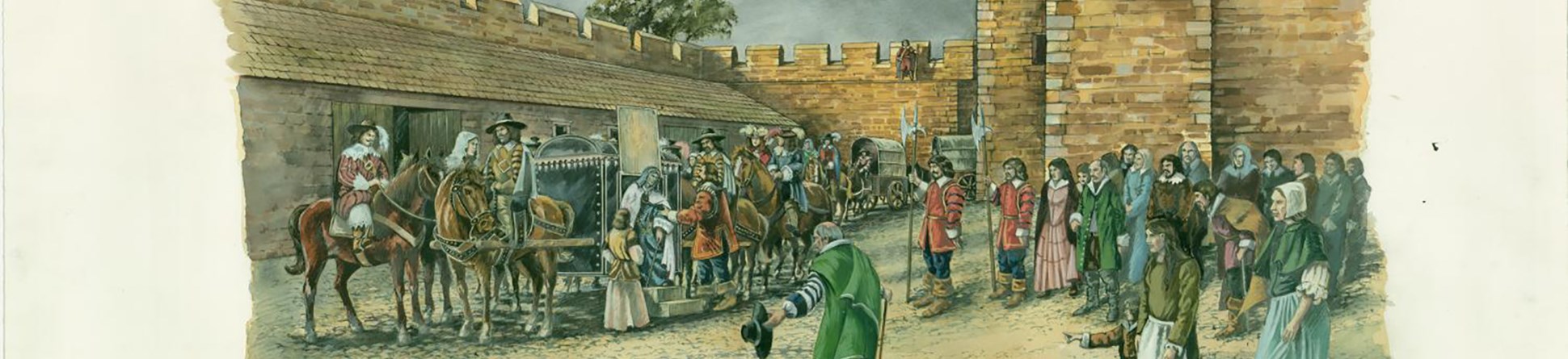 A pencil and watercolour artwork depicting a woman in 17th Century attire stepping from a carriage into a fortified courtyard.