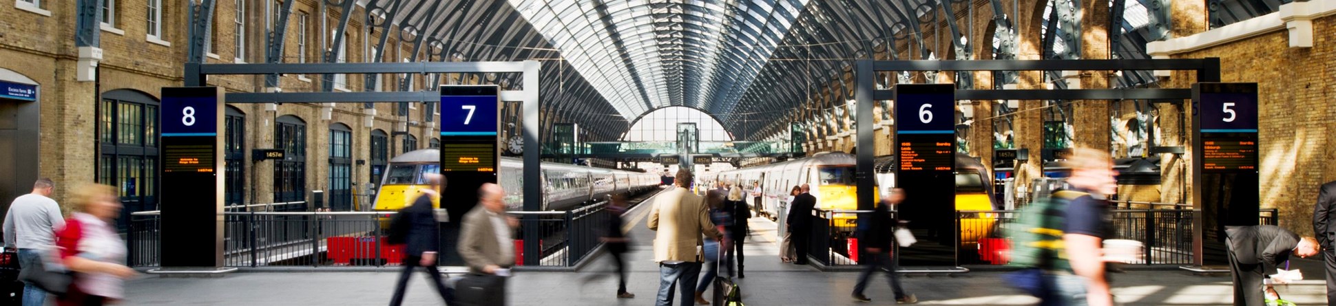 View down platforms 5, 6, 7 and 8 of King's Cross Station.