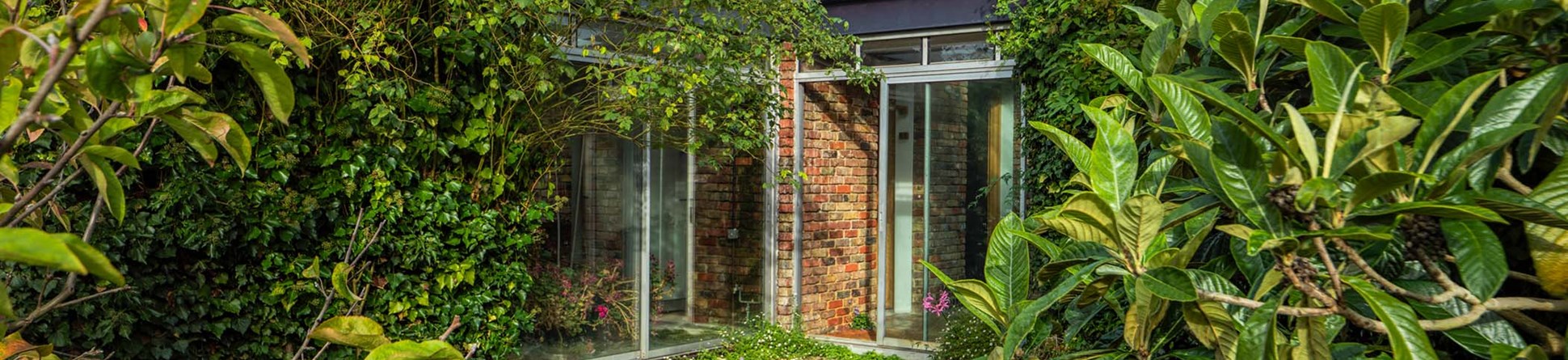 Photograph of plants surrounding a modern building of brick and glass.