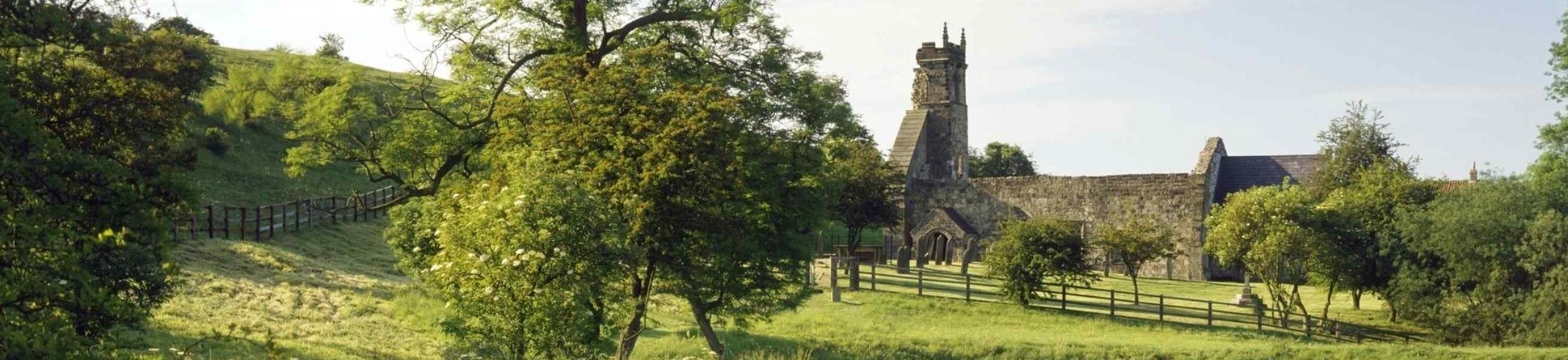 General view of Wharram Percy with church and medieval fish pond