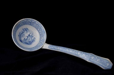 Blue and white transfer printed ceramic ladle