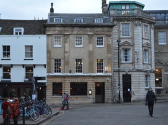 Wide angle, ground level general view of 10 Peas Hill in Cambridge, UK and the surrounding street scene