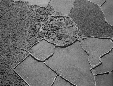 An aerial photograph revealing a patchwork view of irregular-shaped enclosures bounded by low stone walls, and an overgrown archaeological feature.