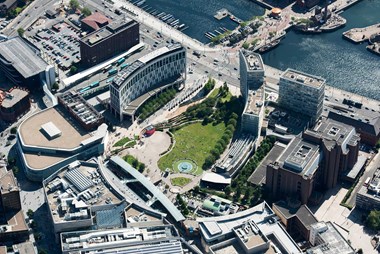 Aerial view of shopping complex and park